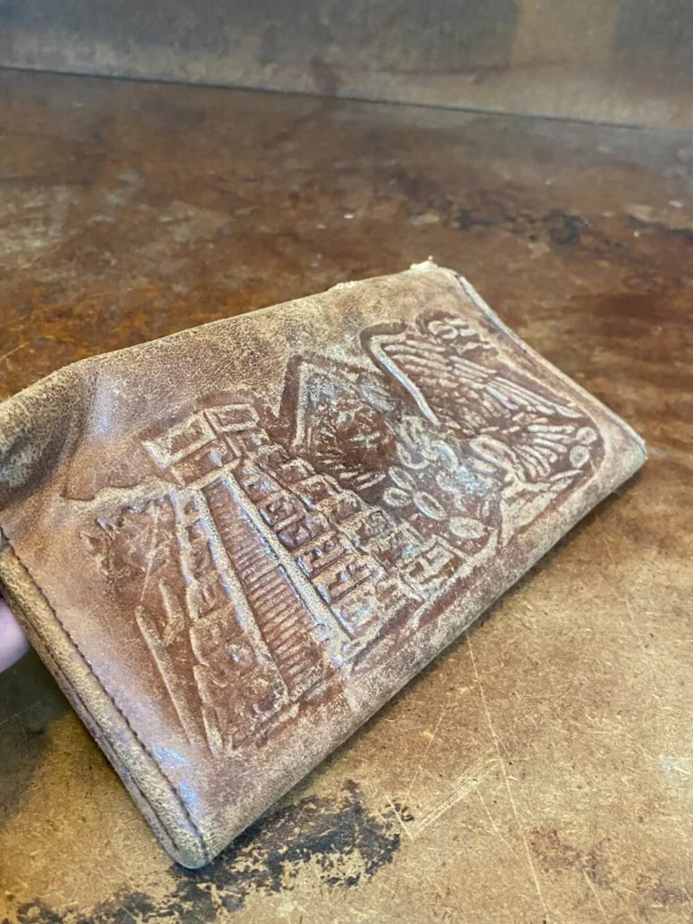 50s 60s Handmade Mexican Wallet Brown Leather Tooled Aztec Calendar Vintage
